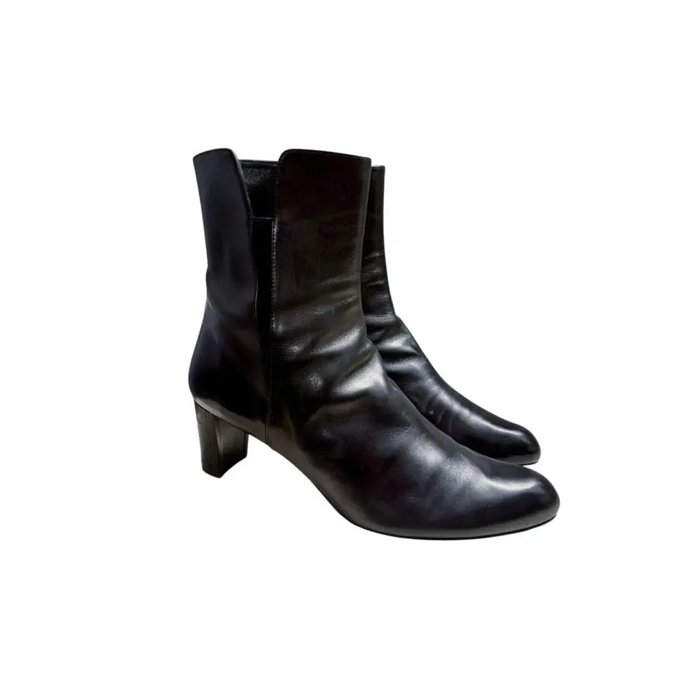 Stuart Weitzman Black Leather Ankle Boots Almond Toe Heeled Minimalist Booties